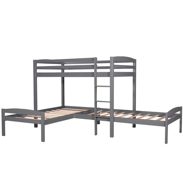 Wetiny Gray Twin Over Twin Over Twin Bed L-shaped Bunk Bed Pine Wood 