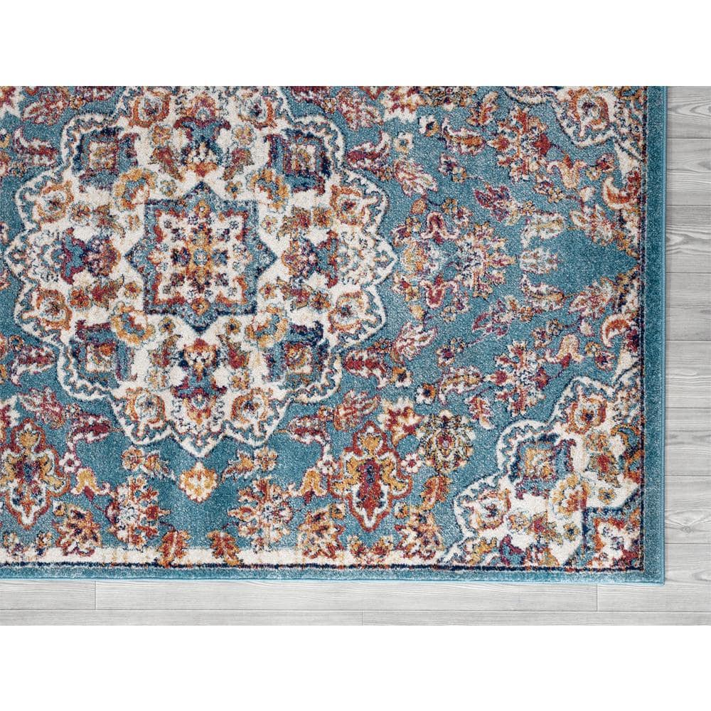 Blue Round Oriental Synthetic Easy Care Rug, 6'7"