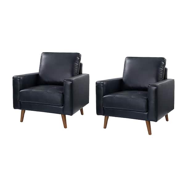 JAYDEN CREATION Christine Mid-Century Modern Navy Genuine Leather Armchair with Wood Flared Legs (Set of 2)