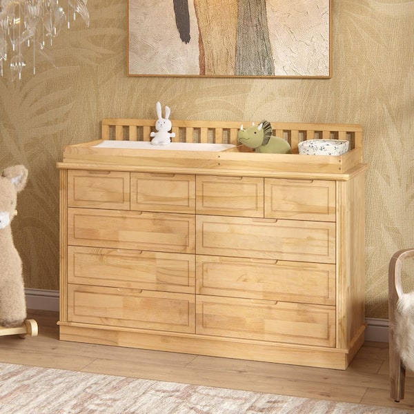 55.1 in. W Natural 100% Solid Pine Wood Infant Changing Table with Removable Safety Guard Rail 10-Drawer Nursery Dresser
