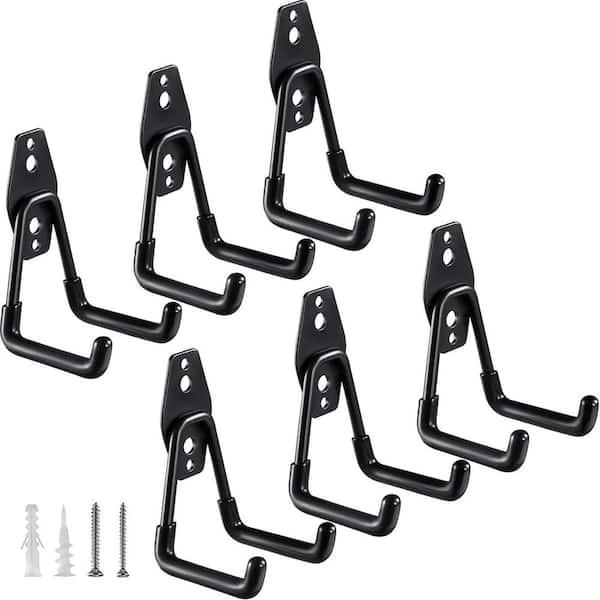 6 Pack 2.8 in. Black Steel Wall Rack with Heavy-Duty Hooks for Garage Storage and Tool Organization