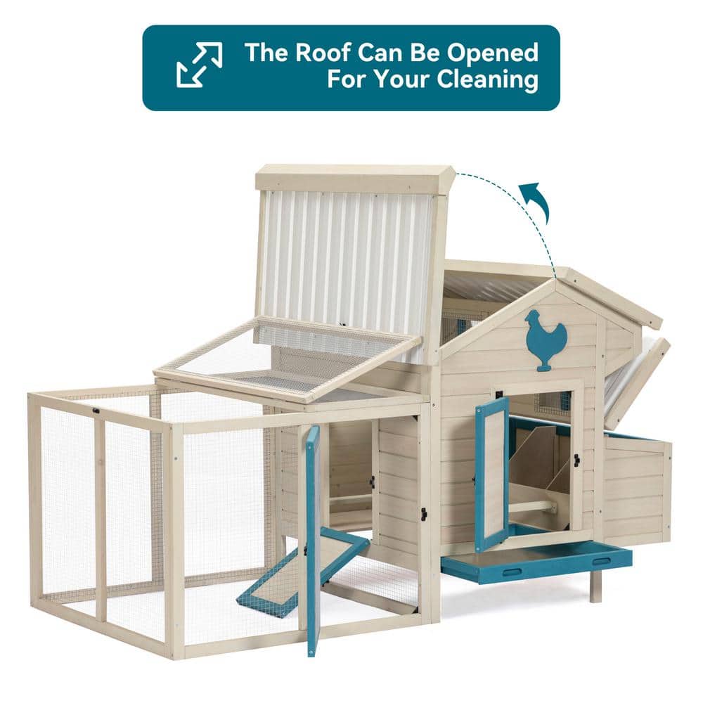 74" White and Blue Solid Wood Outdoor Chicken Coop with PVC Roof