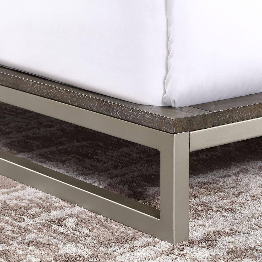 Walnut and Silver Upholstered Queen Platform Bed with Nailhead Trim
