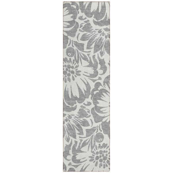 2' X 8' Gray And Ivory Floral Indoor Outdoor Area Rug 2' X 8' Gray And Ivory Floral Indoor Outdoor Area Rug