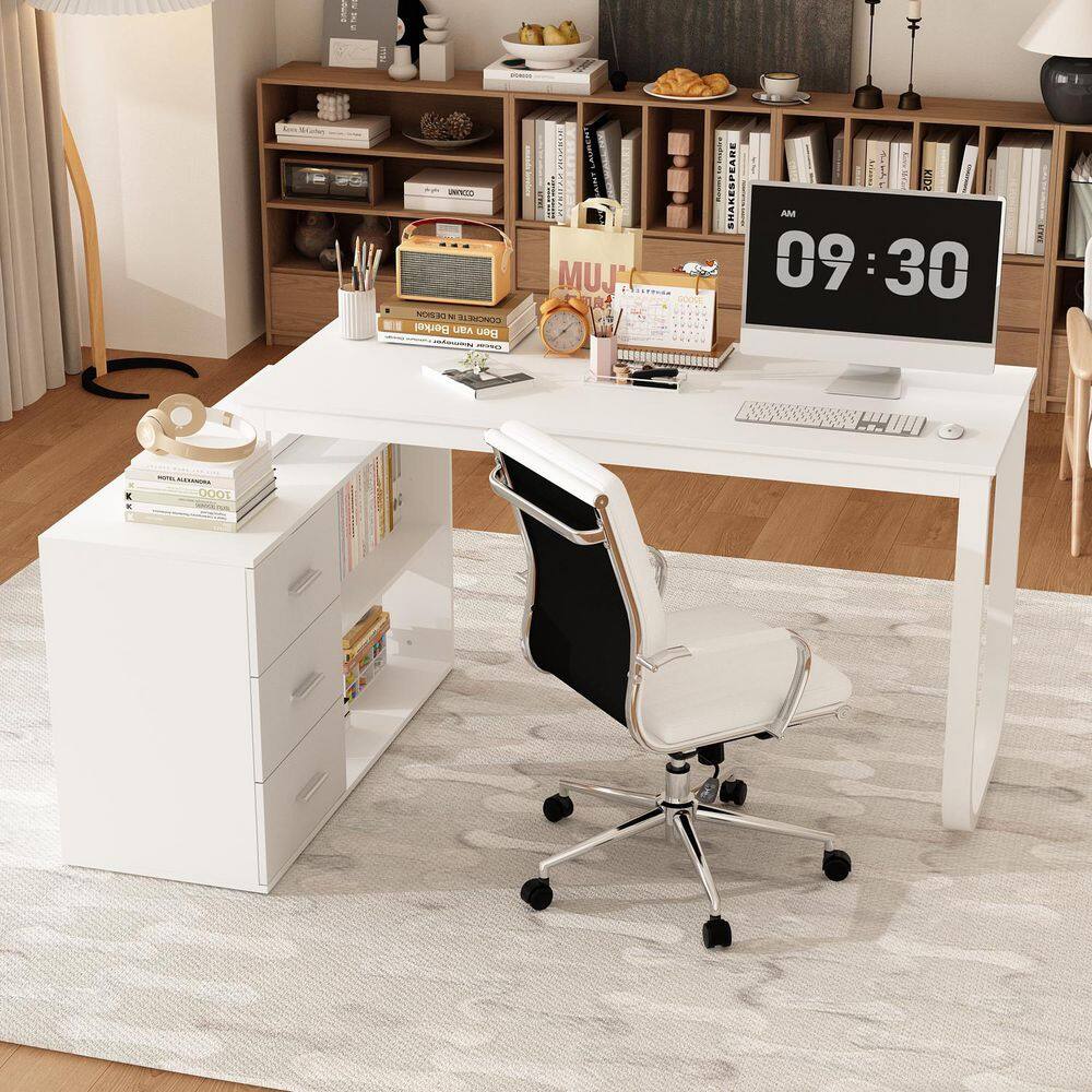 FUFU&GAGA 55.1 in. L-Shaped White Wood Writing Desk Corner Gaming