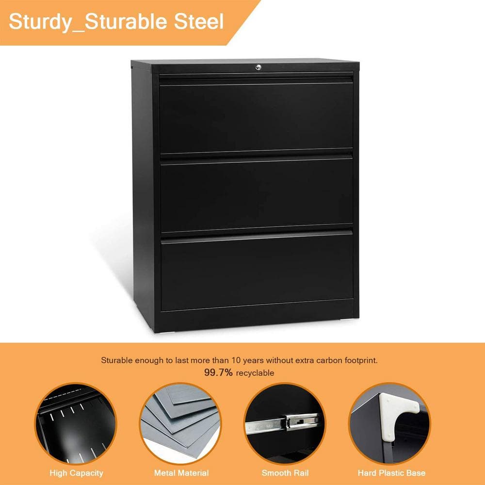 Black Steel 3-Drawer Lockable Lateral Filing Cabinet