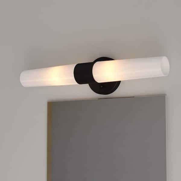VAXCEL Elliot 5.5 in. W 2 Light Vanity Light LED Compatible Black Contemporary Bathroom Wall Sconce Fixture White Glass