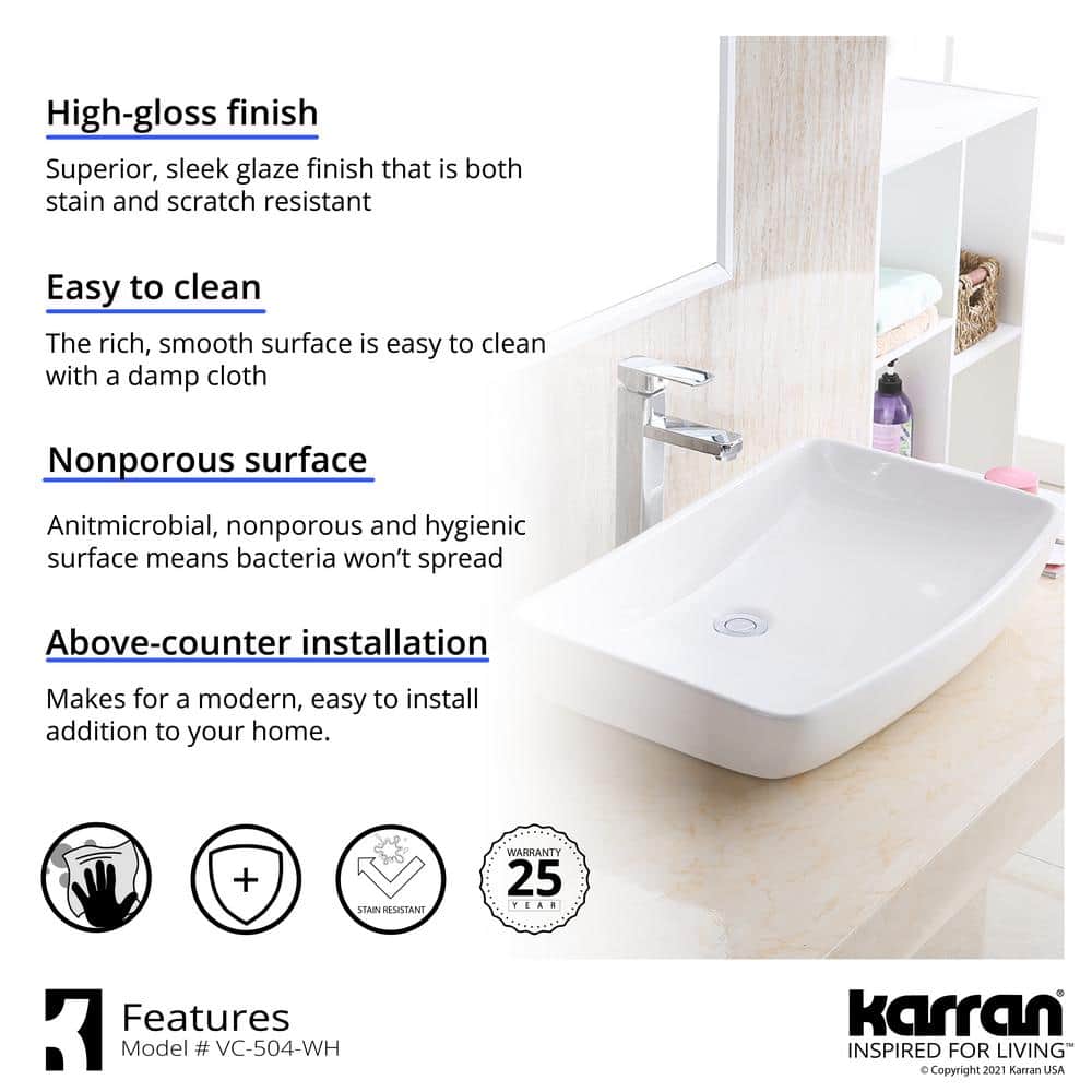 Elegant Valera 24" White Ceramic Rectangular Vessel Bathroom Sink