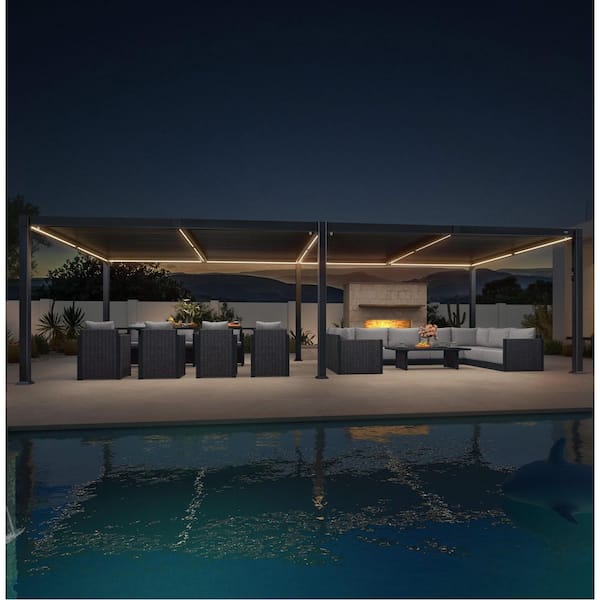 11.7 ft. x 28.1 ft. Gray Aluminum Outdoor Louvered Pergola with 4-Individual Adjustable Sunshade Roofs and LED Lights