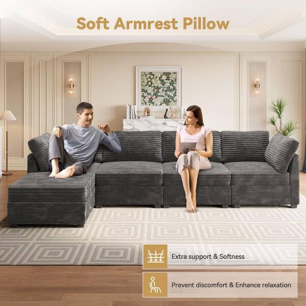 Allwex 130 in. Square Arm Modern 6-Piece Plush Corduroy L-Shape