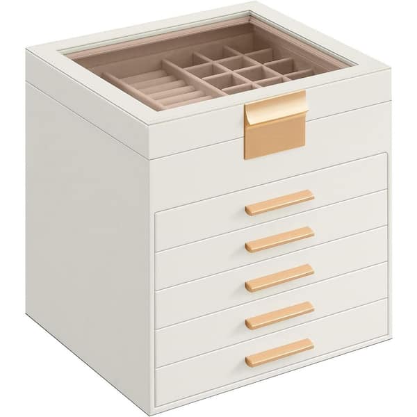Afoxsos 9.1 x 8 x 9 in. Cloud White MDF Jewelry Box with Glass Lid, 6-Layer Organizer, 5 Drawer, for Big and Small Jewelry