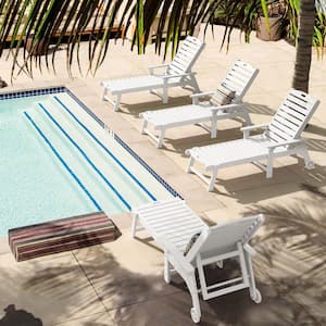 Hampton White Patio Plastic Outdoor Chaise Lounge Chair with Adjustable Backrest Pool Lounge Chair and Wheels Set of 4