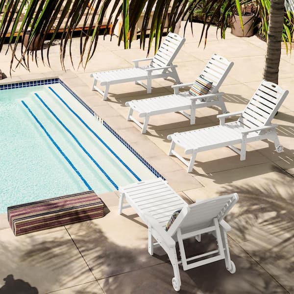 LUE BONA Hampton White Patio Plastic Outdoor Chaise Lounge Chair with Adjustable Backrest Pool Lounge Chair and Wheels Set of 4