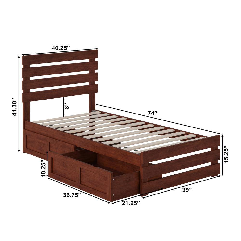 Walnut Twin Wood Platform Bed with Storage Drawers and USB Charger