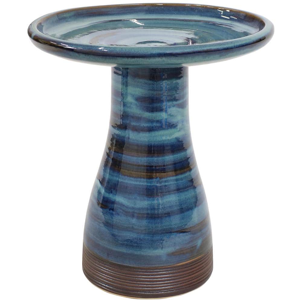 Galaxy Blue Ceramic Bird Bath with Ribbed Pedestal, 21" H
