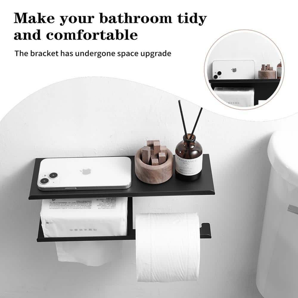 Matte Black Stainless Steel Wall Mounted Toilet Paper Holder with Shelf