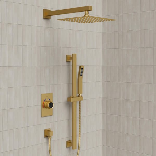 2-Spray Wall Mount 10 in. Dual Fixed and Handheld Shower Head with Slide Bar in Brushed Gold Valve Included