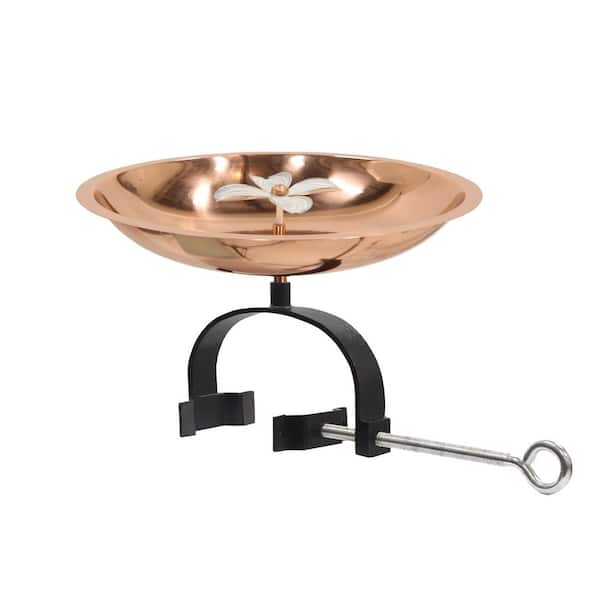 15 in. L Round Copper Plated Patina Finish Stainless Steel Bird Bath Bowl w/ Wrought Iron Over Rail Bracket
