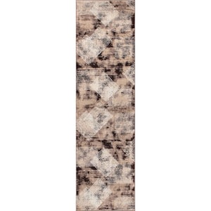 Contemporary Distressed Geometric 2'x7' Brown Area Rug