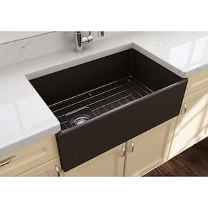 Contempo Farmhouse Apron Front Fireclay 33 in. Single Bowl Kitchen Sink with Bottom Grid and Strainer in Matte Brown