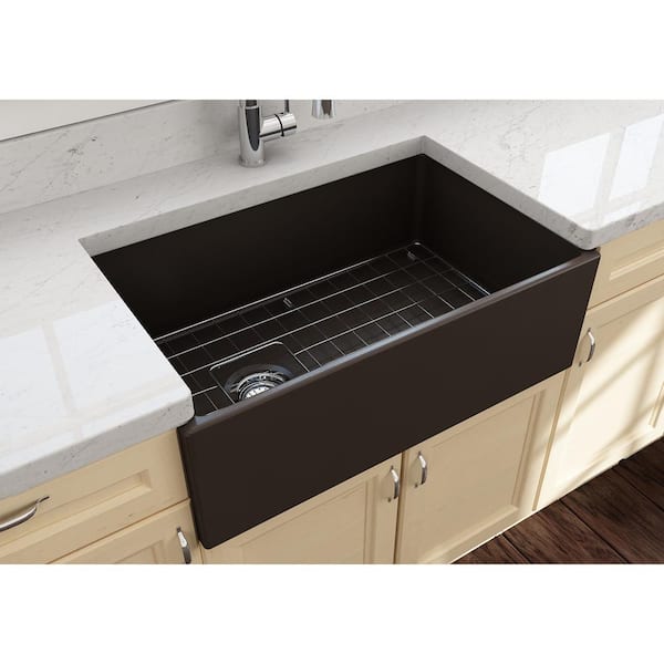 Contempo Farmhouse Apron Front Fireclay 33 in. Single Bowl Kitchen Sink with Bottom Grid and Strainer in Matte Brown