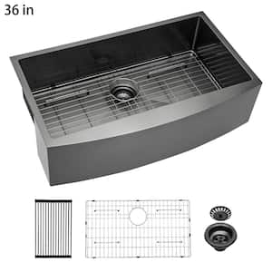 Black 36 in Farmhouse Single Bowl 16 Gauge Stainless Steel Apron Front Kitchen Sink with Bottom Grid and Drain