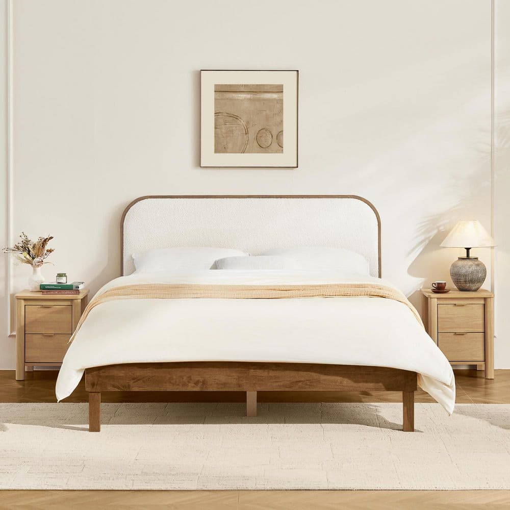 Pierce Brown Wood Frame Queen Upholstered Platform Bed Mid-Century Modern Queen Bed Frame for 8-12 in. Mattresses, image size:1000x1000