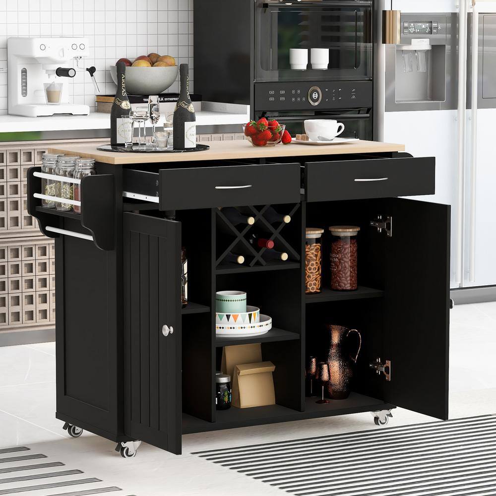 Black Kitchen Cart Island with Wine Rack, Spice Rack, Two Storage