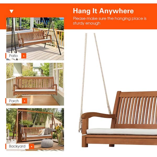 Costway Natural 2-Person Wood Hanging Porch Swing Bench with