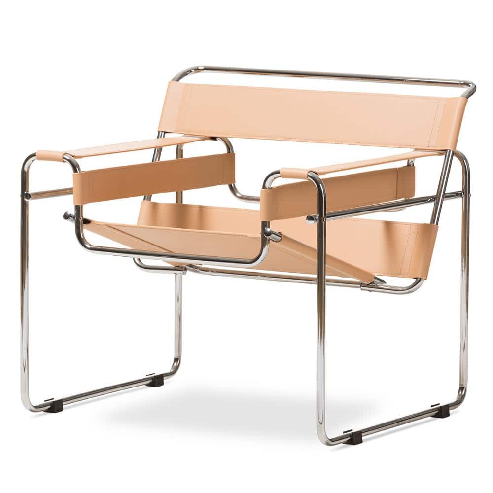 Mid-Century Tan Leather and Chrome Metal Accent Chair