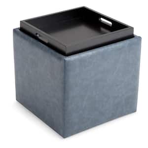 Rockwood 18 in. Wide Contemporary Square Cube Storage Ottoman with Tray in Denim Blue Vegan Faux Leather