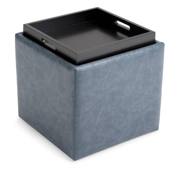 Simpli Home Rockwood 18 in. Wide Contemporary Square Cube Storage Ottoman with Tray in Denim Blue Vegan Faux Leather