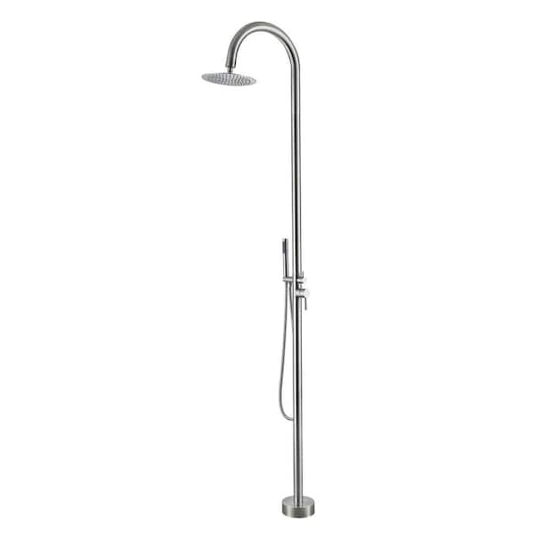 Outdoor Exposed Shower Faucet Single-Handle Roman Tub Faucet Floor Mount with Hand Shower in. Brushed Nickel