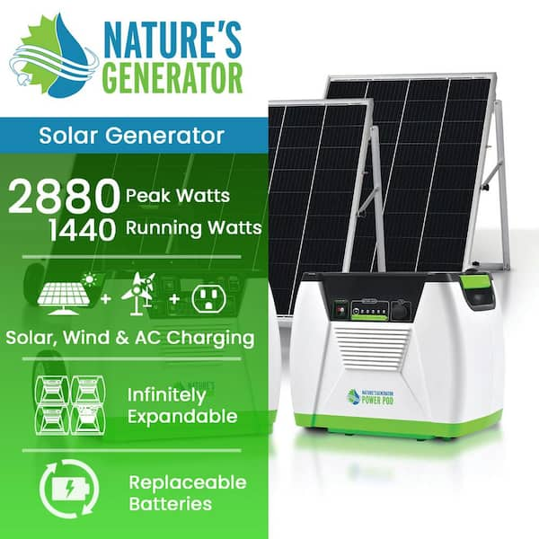 1800-Watt/2880W Peak Push Button Start Solar Powered Portable Generator with Power Pod and Three 100W Solar Panels