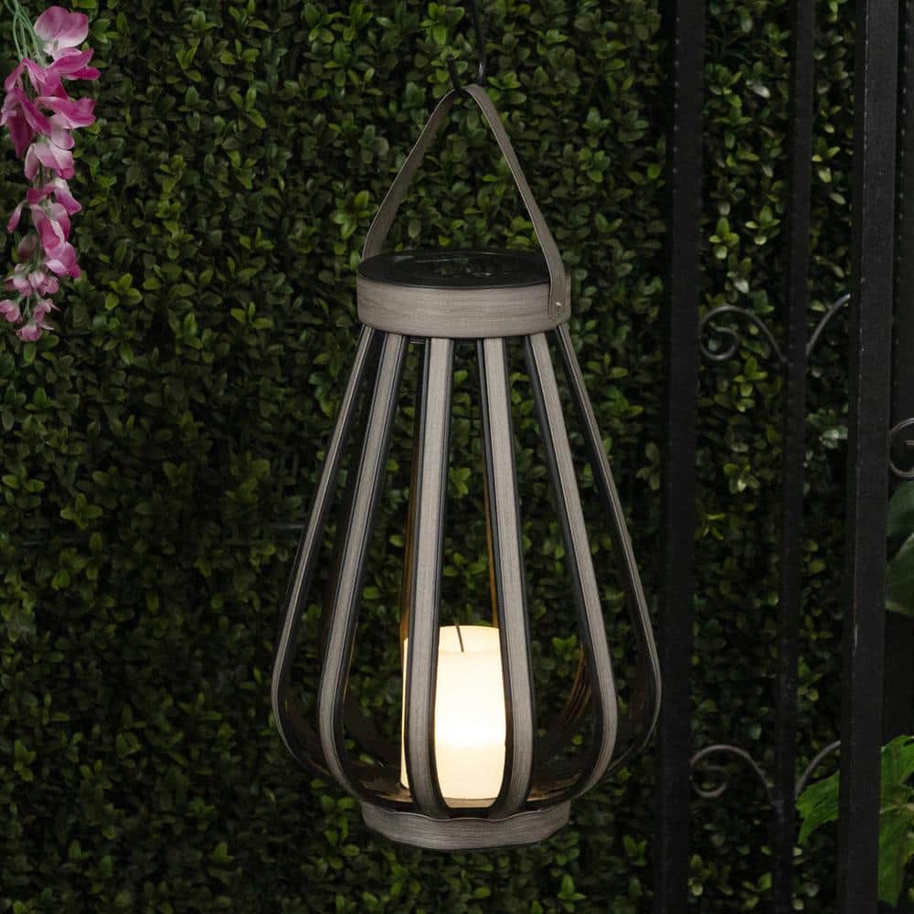 Gray Polypropylene Solar Lantern with LED Light, 18" Height