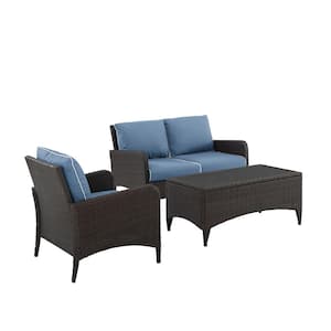 Kiawah 3-Piece Wicker Patio Conversation Set with Blue Cushions