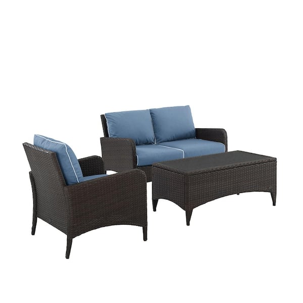 CROSLEY FURNITURE Kiawah 3-Piece Wicker Patio Conversation Set with Blue Cushions