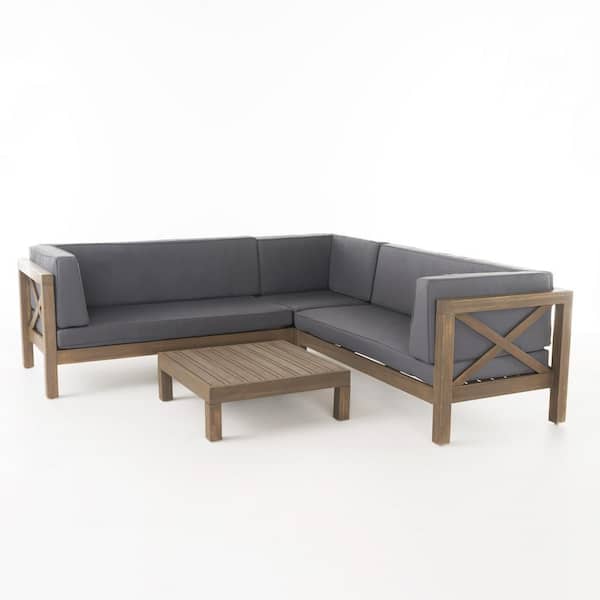 Noble House Brava gray 4-Piece Wood Outdoor Sectional Set with Dark gray Cushions