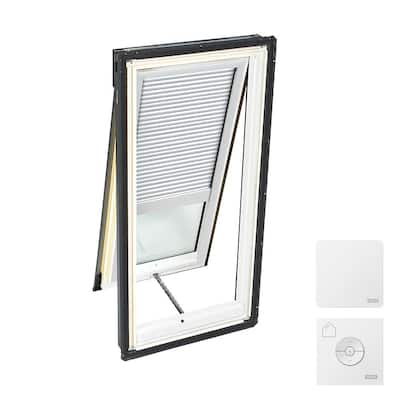 21 in. x 45-3/4 in. Venting Deck Mount Skylight with Laminated Low-E3 Glass, White Solar Powered Room Darkening Shade