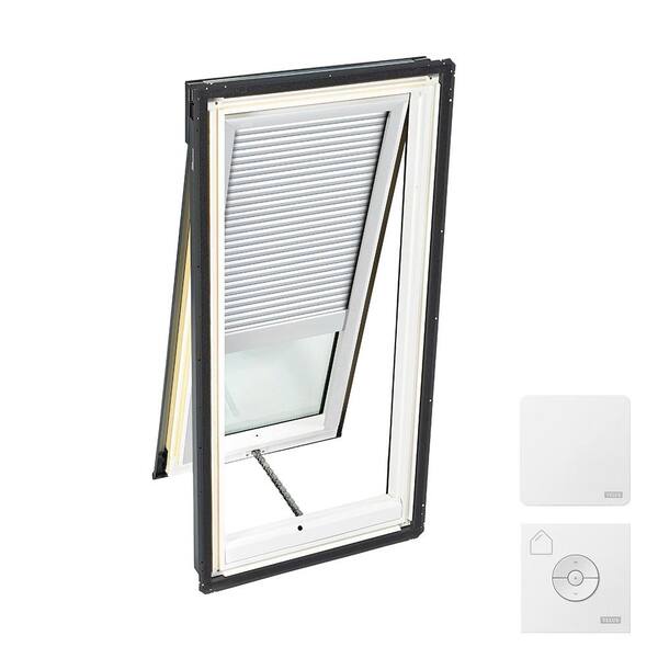 VELUX 30-1/16 in. x 45-3/4 in. Venting Deck Mount Skylight w/ Laminated Low-E3 Glass, White Solar Powered Room Darkening Shade