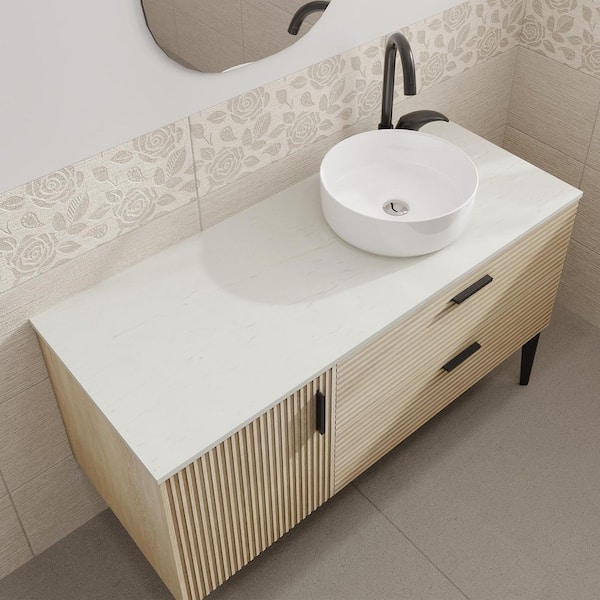 Aaby 48 in. W x 19 in. D Wall Mounted Floating Bath Vanity Cabinet in Brown with White Engineered Stone Top and Sink