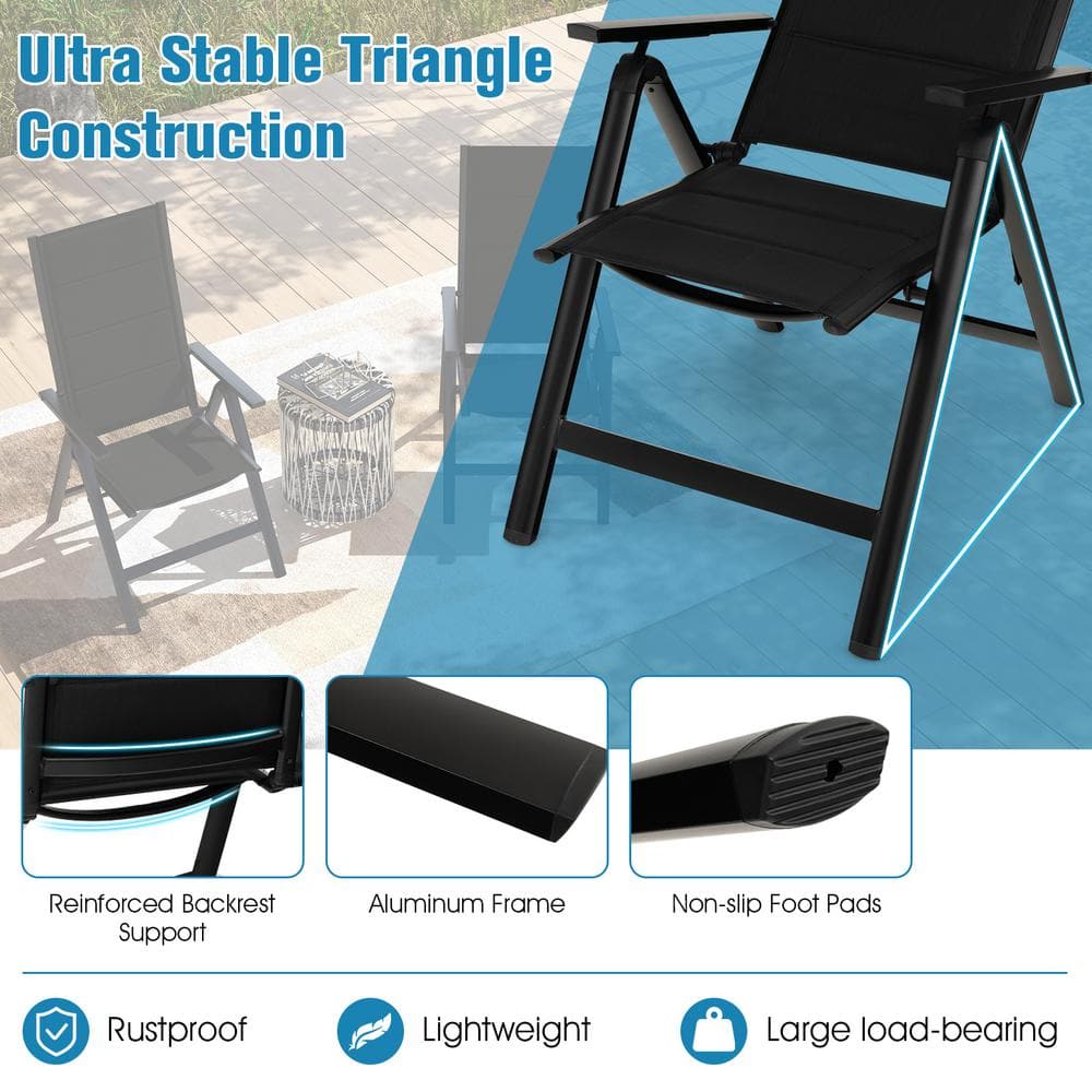 Black Aluminum Outdoor Dining Chair with Adjustable Backrest and Mesh Fabric