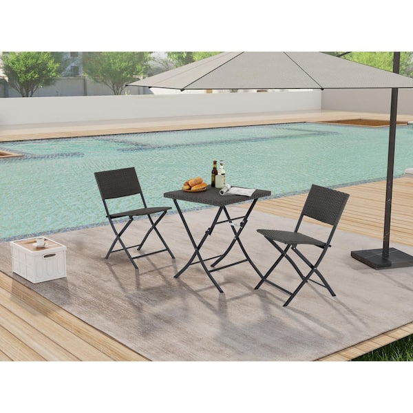Otryad 3-Piece Wicker Square Serving Bar Set, All Weather Rattan Patio Bistro Set with Folding Table and Two Chairs, Gray