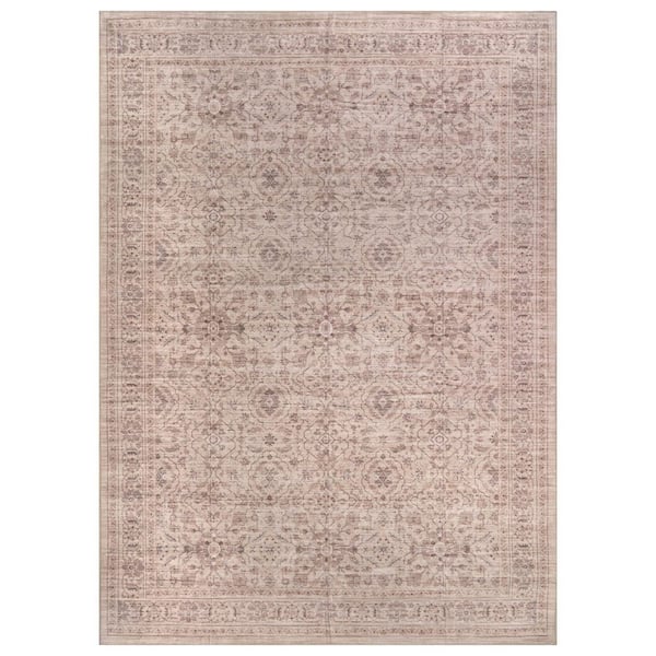Traditional Allover Sand Beige Machine Washable Non-Slip Backing 6 ft. x 9 ft. Beige Area Rug
