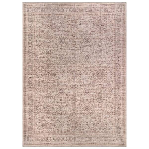Traditional Allover Sand Beige Machine Washable Non-Slip Backing 9 ft. x 12 ft. Beige Area Rug