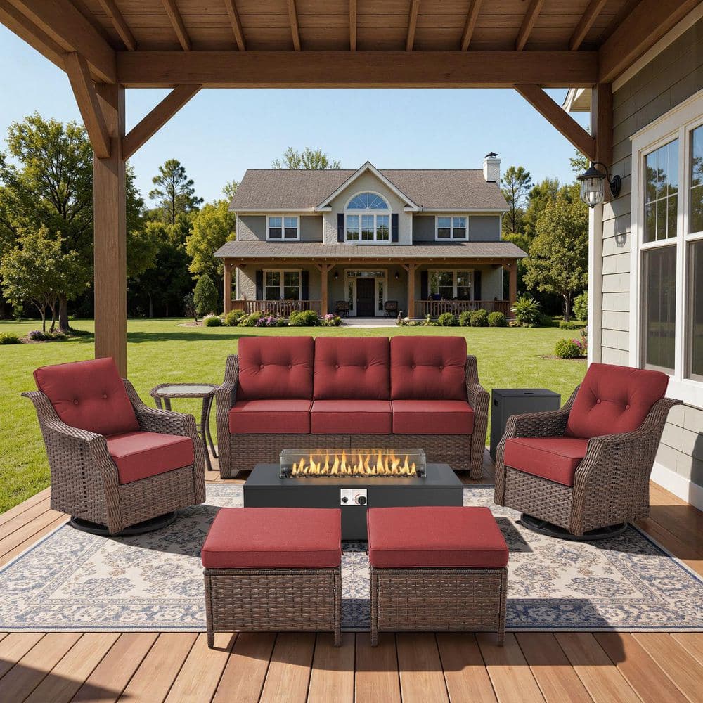 Artisan Brown 7-Piece Wicker Outdoor Patio Fire Pit Conversation Set with Gray Cushions and Swivel Gliders price history on PriceWatchPro