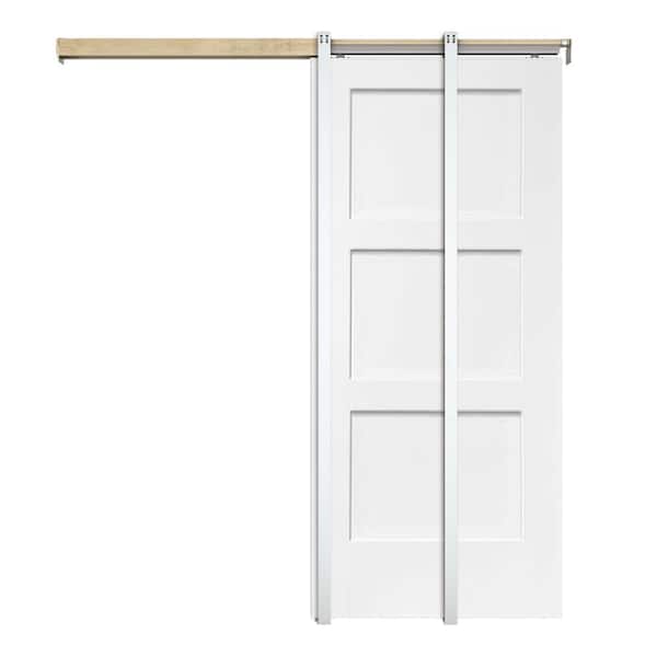 CALHOME 30 in. x 80 in. White Painted Composite MDF 3PANEL Equal Style Sliding Door with Pocket Door Frame and Hardware Kit