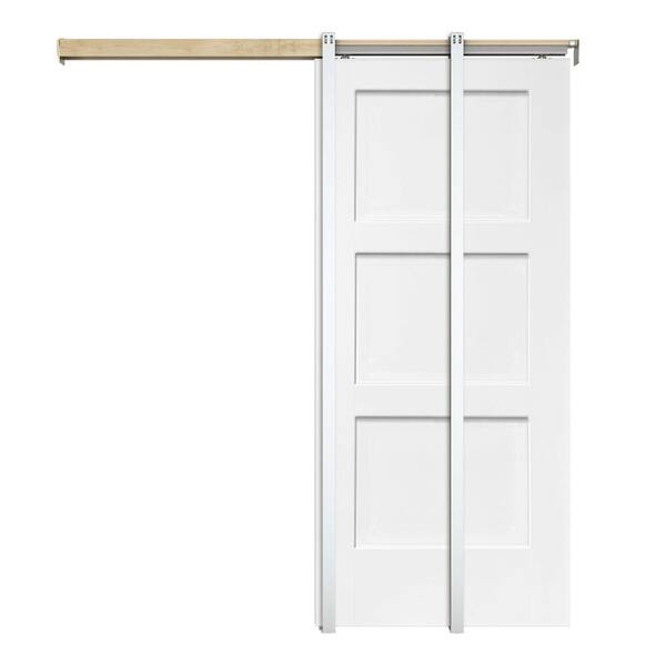 CALHOME 36 in. x 80 in. White Primed Composite MDF 3PANEL Equal Style Sliding Door with Pocket Door Frame and Hardware Kit