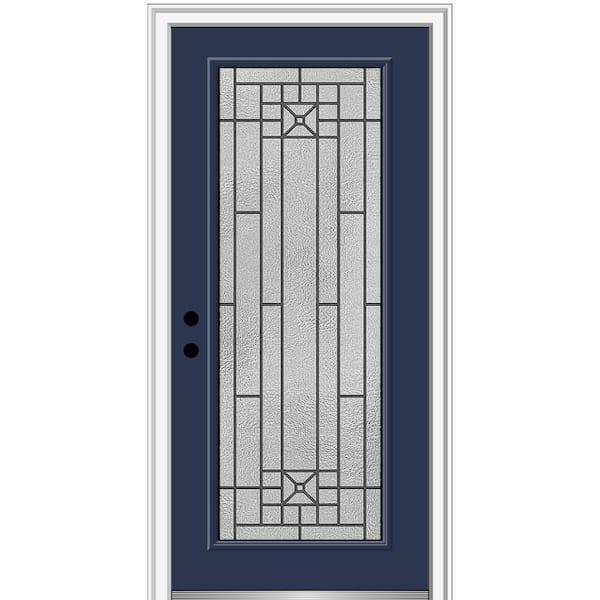 MMI DOOR Courtyard 36 in. x 80 in. Right-Hand Full-Lite Decorative Blue Fiberglass Smooth Prehung Front Door on 4-9/16 in. Frame