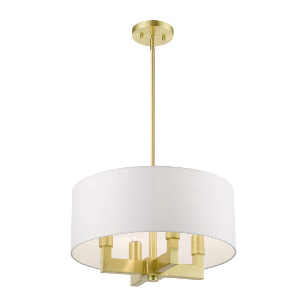 Mini Drum Satin Brass 4-Light Chandelier with Off-White Shade
